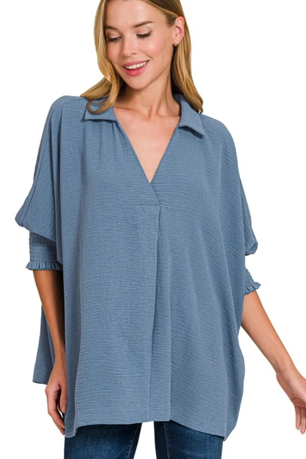 Zenana Airflow Collar Tee with Smocked Sleeve Band Top DUSTY BLUE