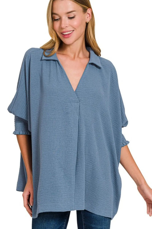 Zenana Airflow Collar Tee with Smocked Sleeve Band Top DUSTY BLUE