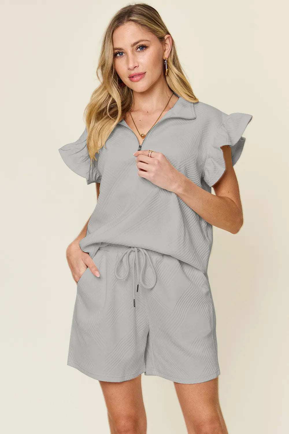 Double Take Full Size Texture Flounce Sleeve Top and Drawstring Shorts Set Light Gray