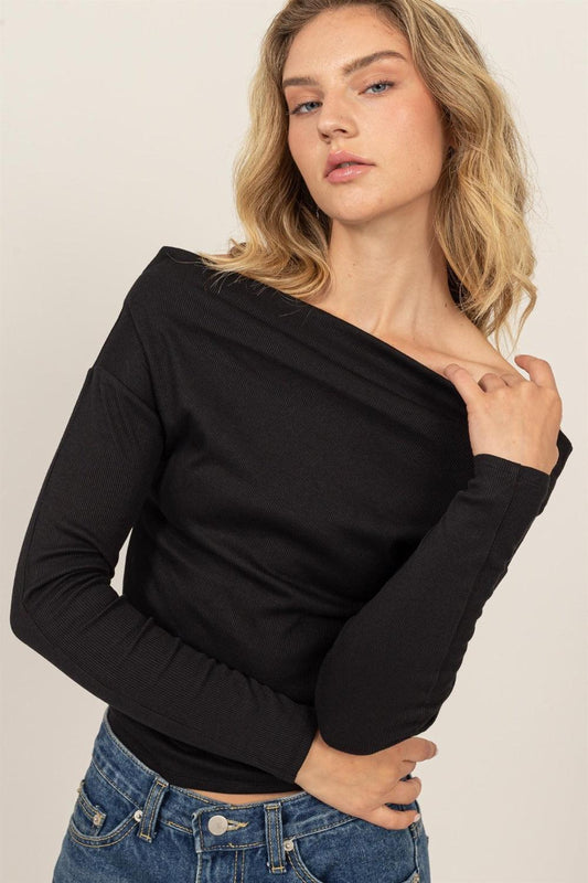 HYFVE Off Shoulder Ribbed Knit Top Black