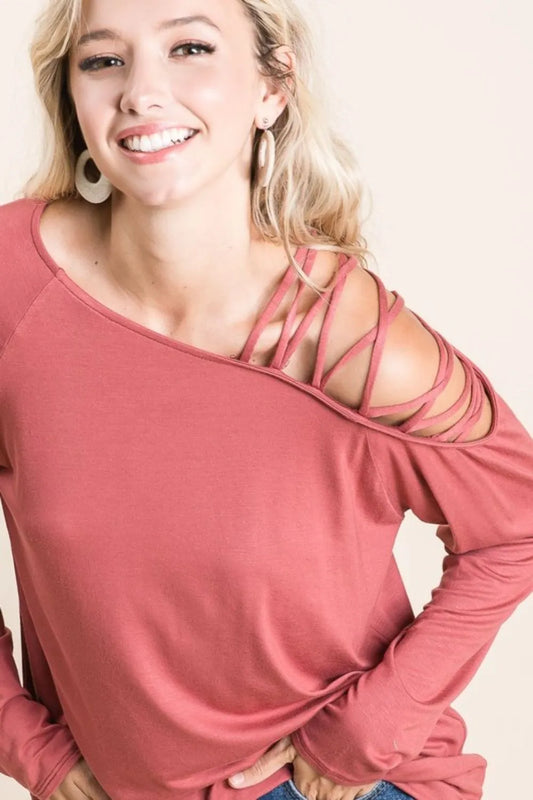 BiBi Jersey Knit One Shoulder Top With Criss Cross MARSALA