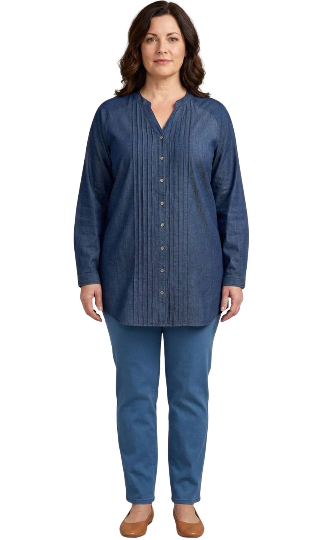 Women's Denim Pintuck Button-Front Tunic Top