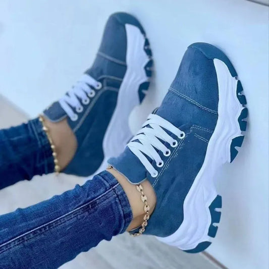 Lace-Up Round Neck Platform Sneakers Blue