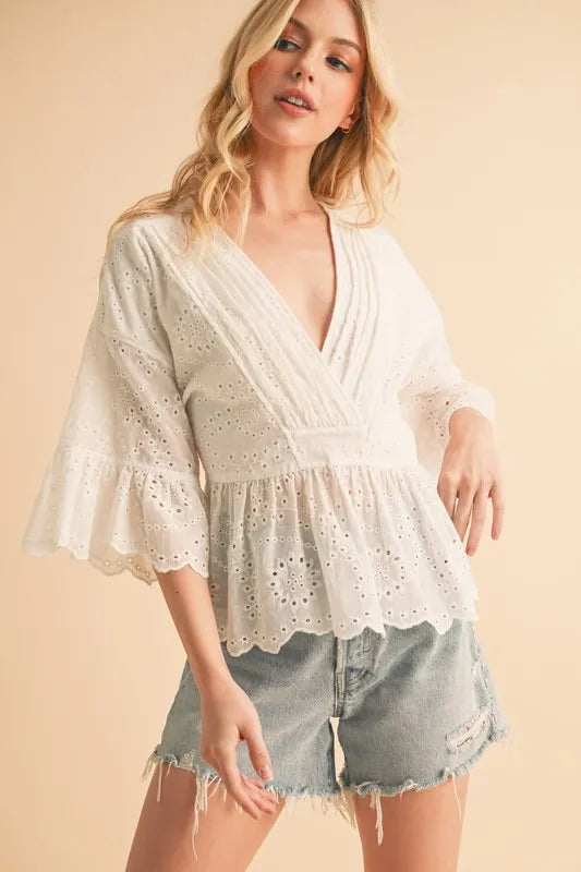 Aemi+Co Flounce Sleeve Eyelet Peplum Top