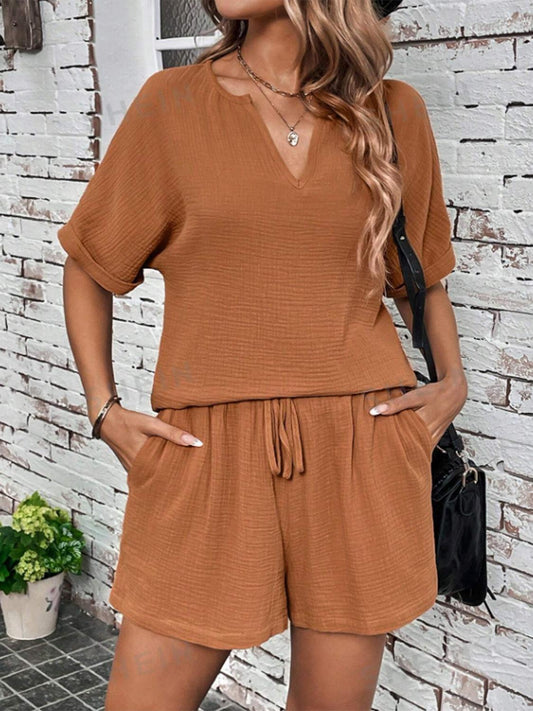 Notched Half Sleeve Top and Shorts Set Caramel