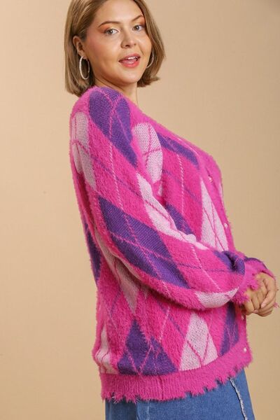 Umgee Full Size Argyle Pattern V-Neck Button Front Cardigan Plus Size
