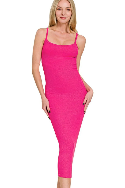 Zenana Ribbed Bodycon Midi Dress HOT PINK