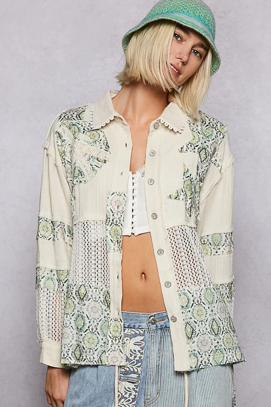 POL Printed Crochet Patchwork Button-Up Shirt Gum Leaf