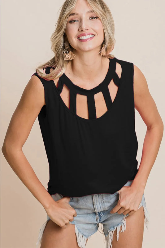 BiBi Cutout Round Neck Sleeveless Top Black