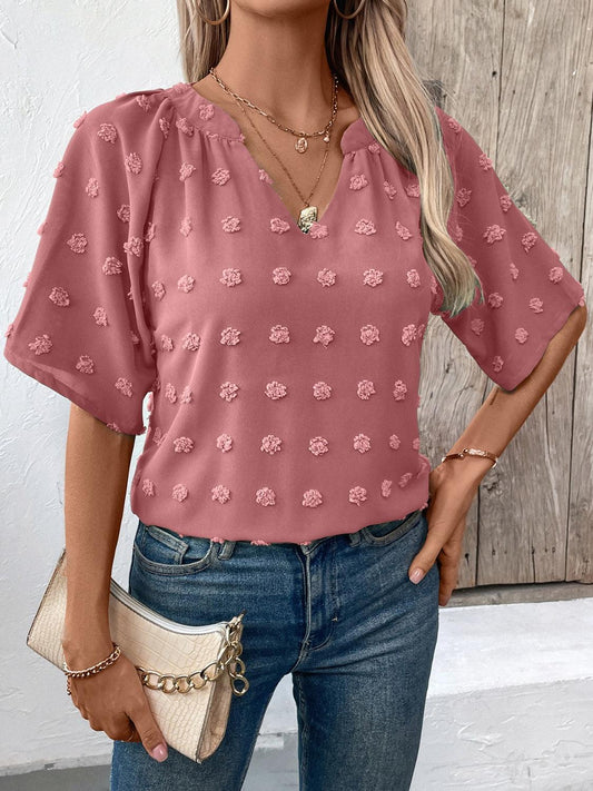 Ivy Lane Swiss Dot Notched Half Sleeve Blouse Dusty Pink