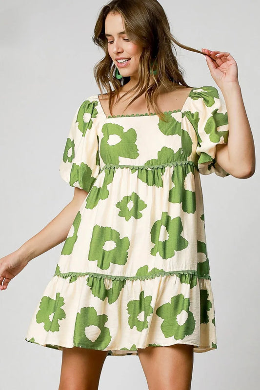 Umgee Full Size Contrast Floral Short Sleeve Mini Dress Plus Size Lime