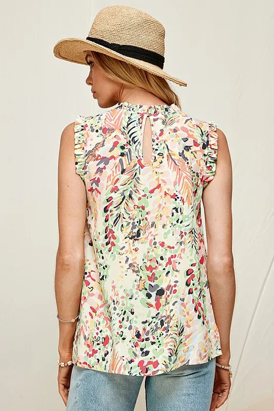 Lime 'N' Chili Plus Size Graphic Print Ruffle Trim Mock Neck Sleeveless Top