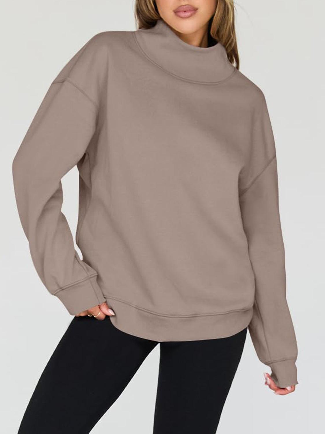 Mock Neck Drop Shoulder Long Sleeve Sweatshirt Mocha