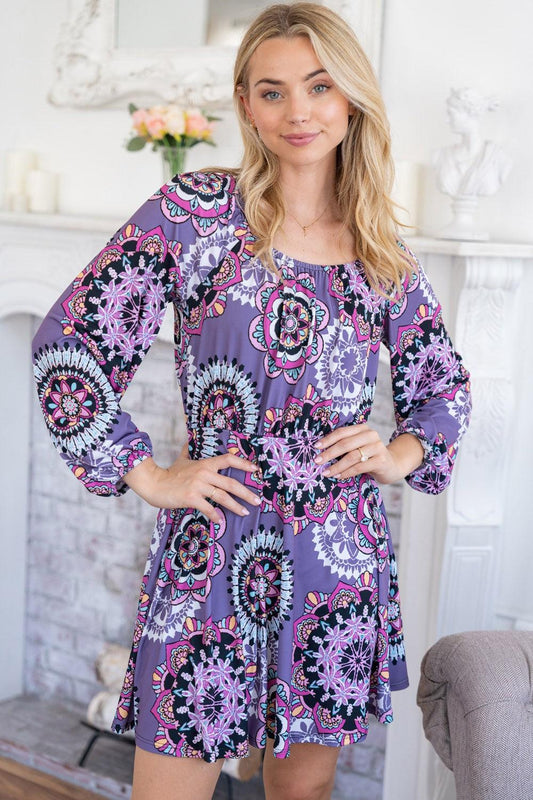 White Birch Printed Long Sleeve Mini Dress with Short Liner Purple