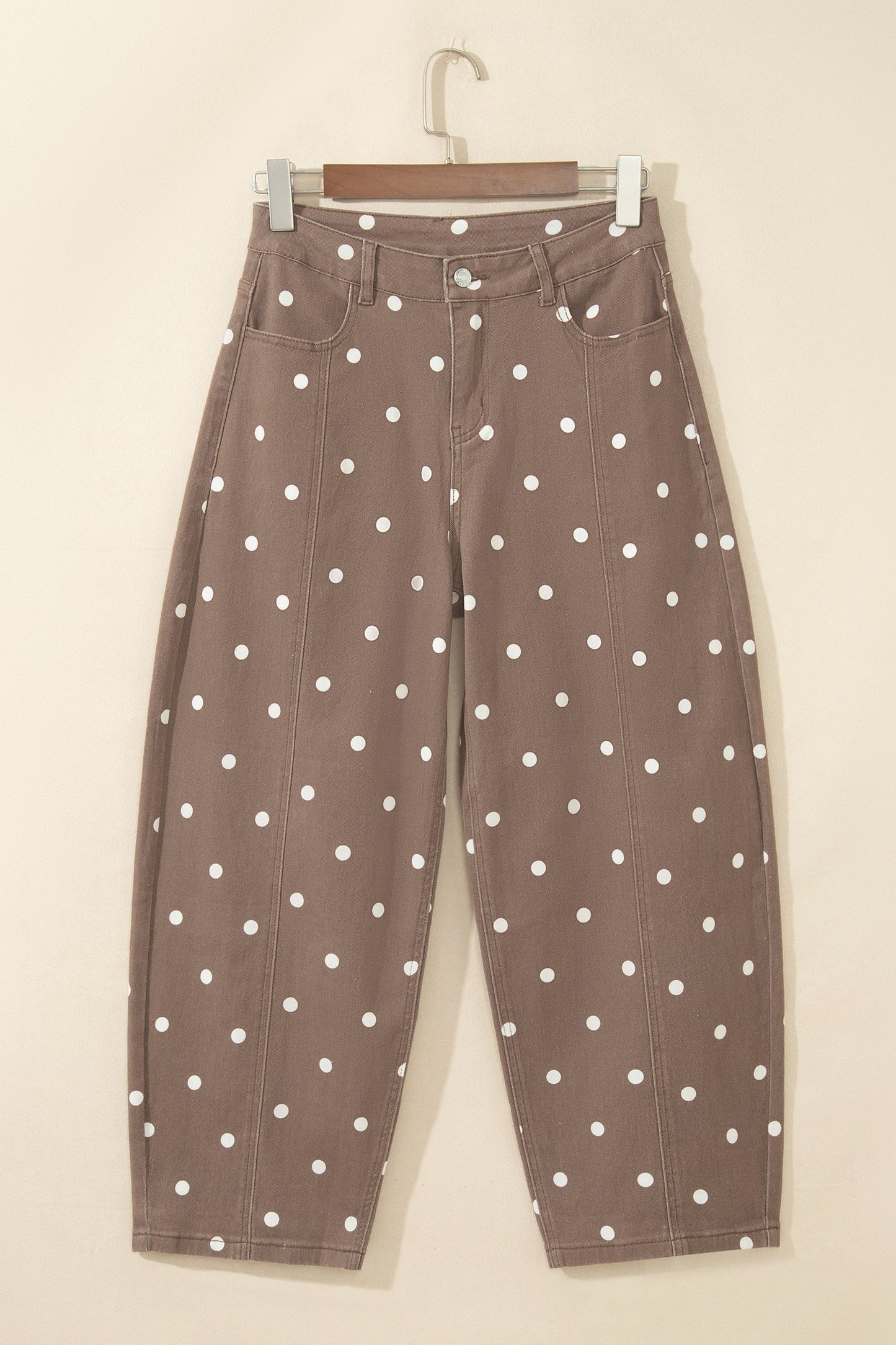 Polka Dot Denim Tailored Seam Barrel Leg Jeans