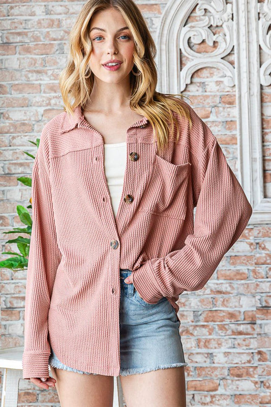 Reborn J Button Up Long Sleeve Shacket Dk Peach