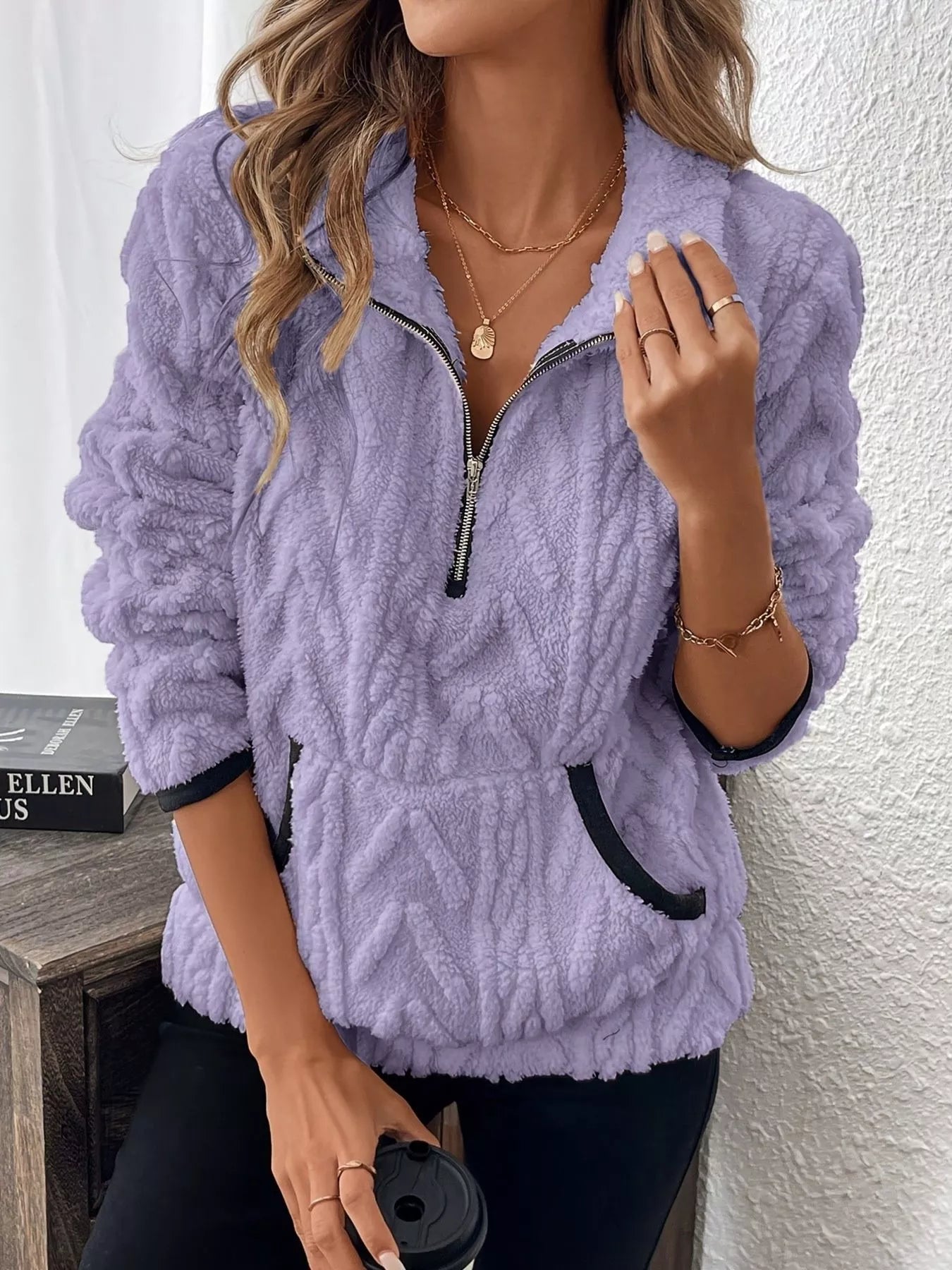 Full Size Half Zip Kangaroo Pocket Sweatshirt Plus Size