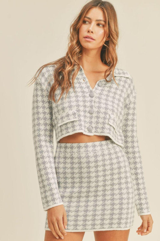 MABLE Houndstooth Cropped Knit Cardigan and Mini Skirt Set Blue