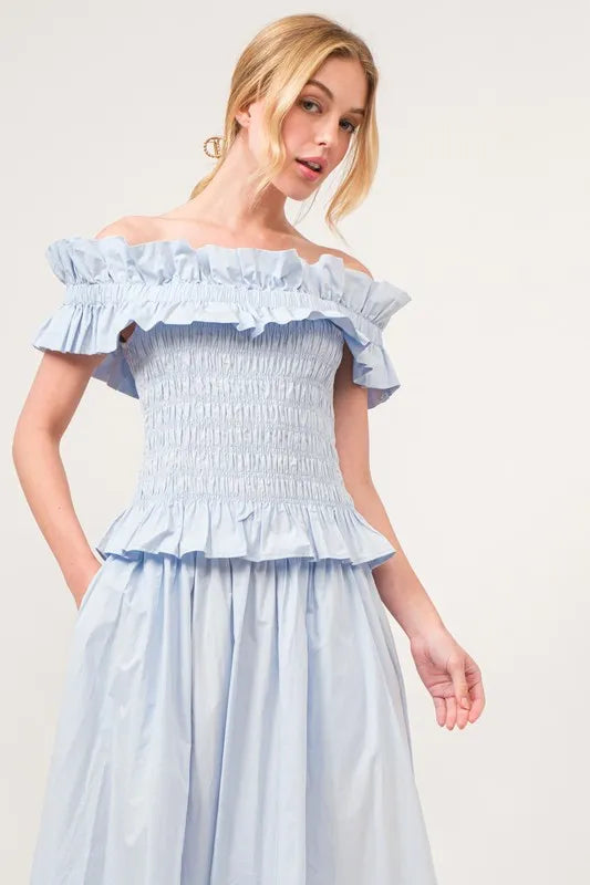 And The Why Ruffled All-Over Smocked Off Shoulder Top BLUE