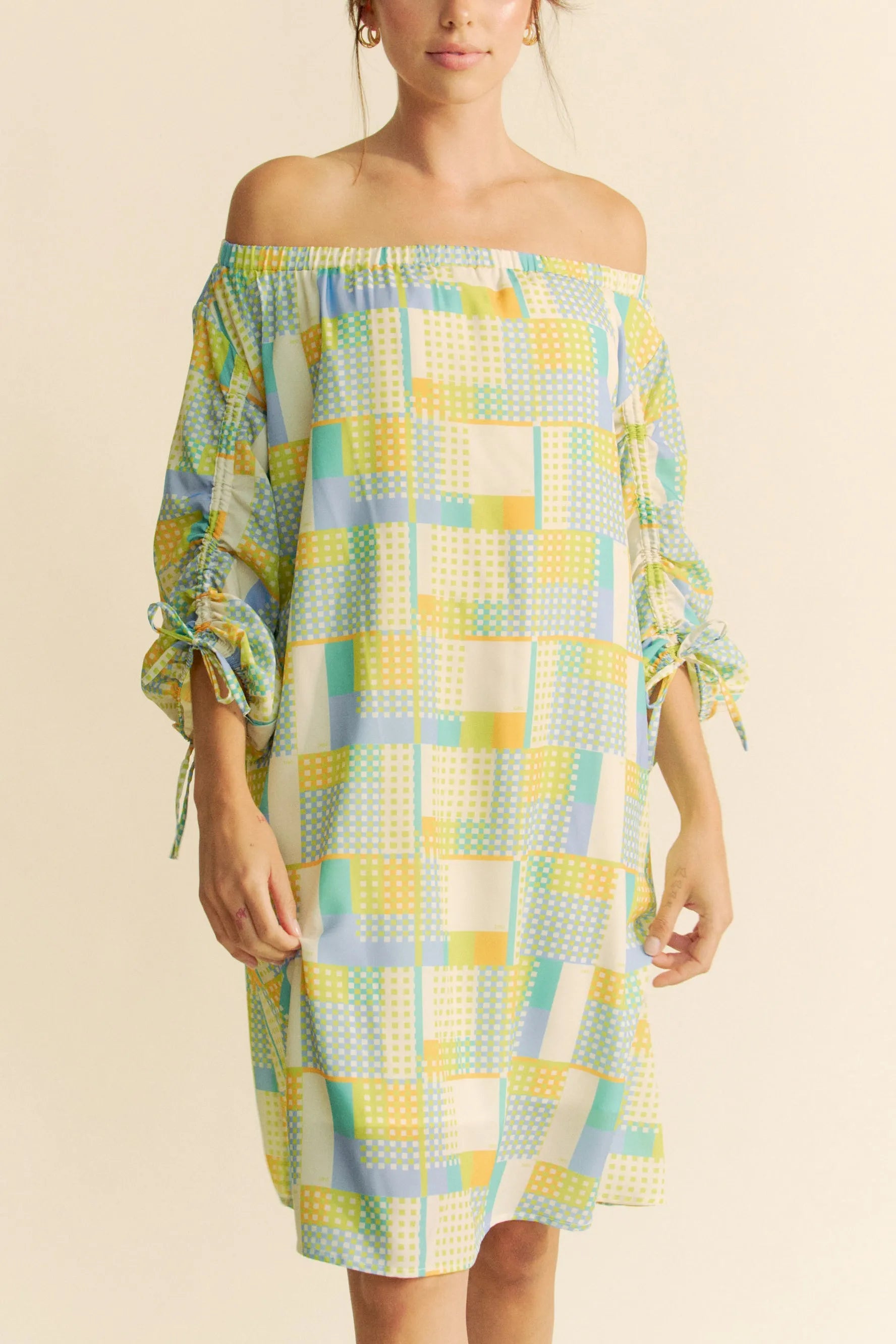 Davi & Dani Printed Off Shoulder Drawstring Sleeve Mini Dress