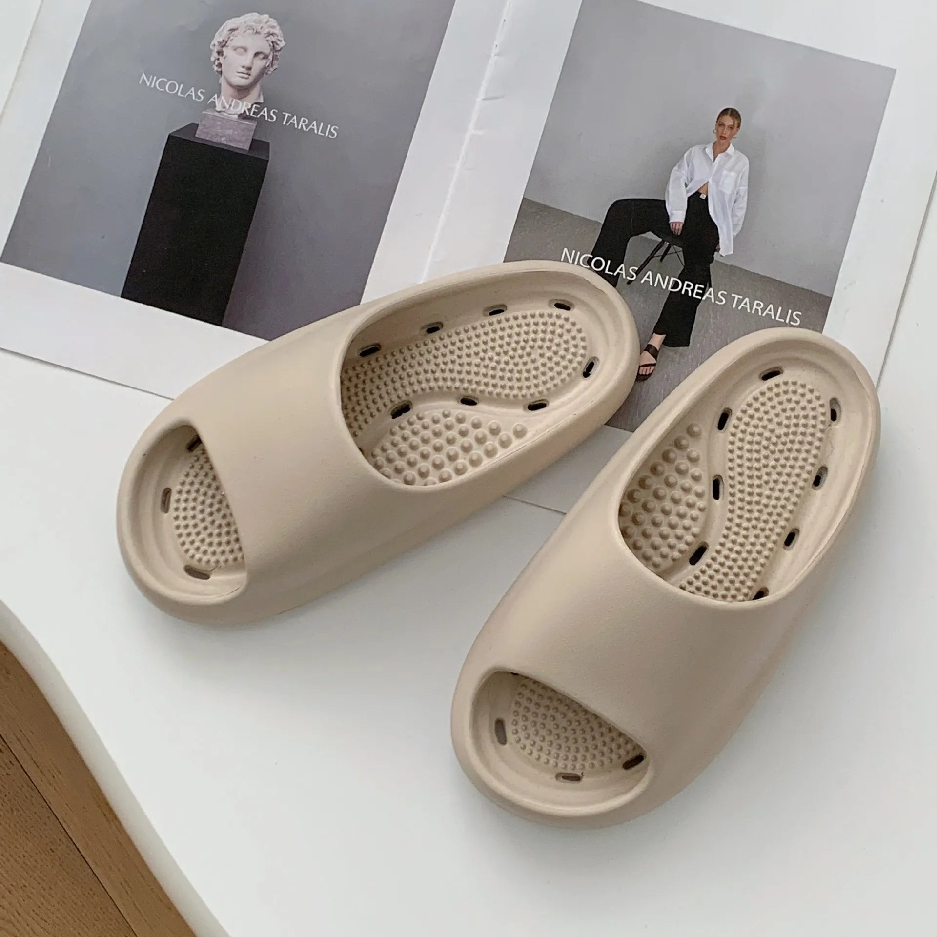Open Toe Platform Slippers Beige