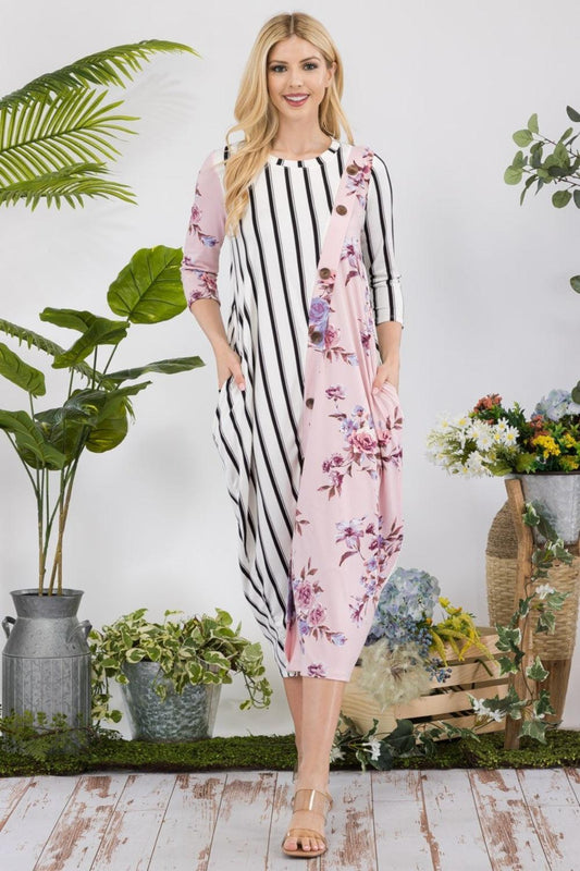 Celeste Full Size Floral Striped Contrast Midi-Dress with Pockets Mauve Floral Stripe