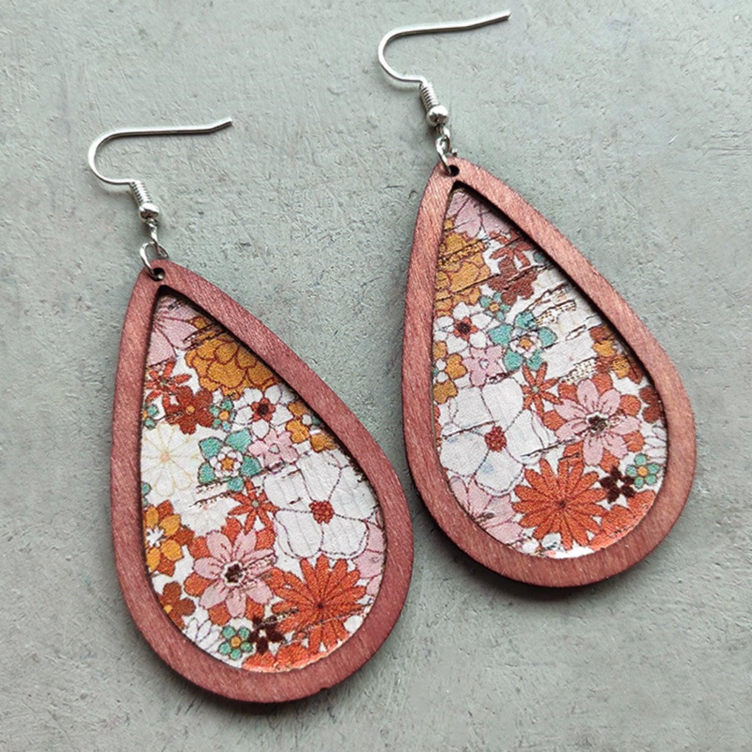 Floral Wood Teardrop Earrings Caramel One Size