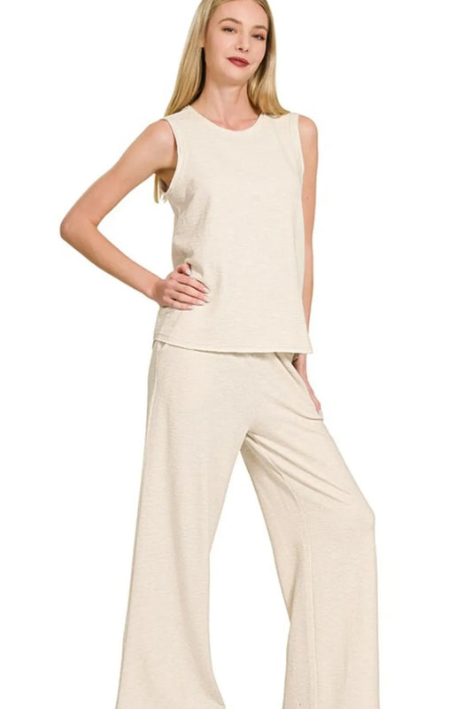 Zenana Cotton Slub Tank & Pants Set SAND BEIGE