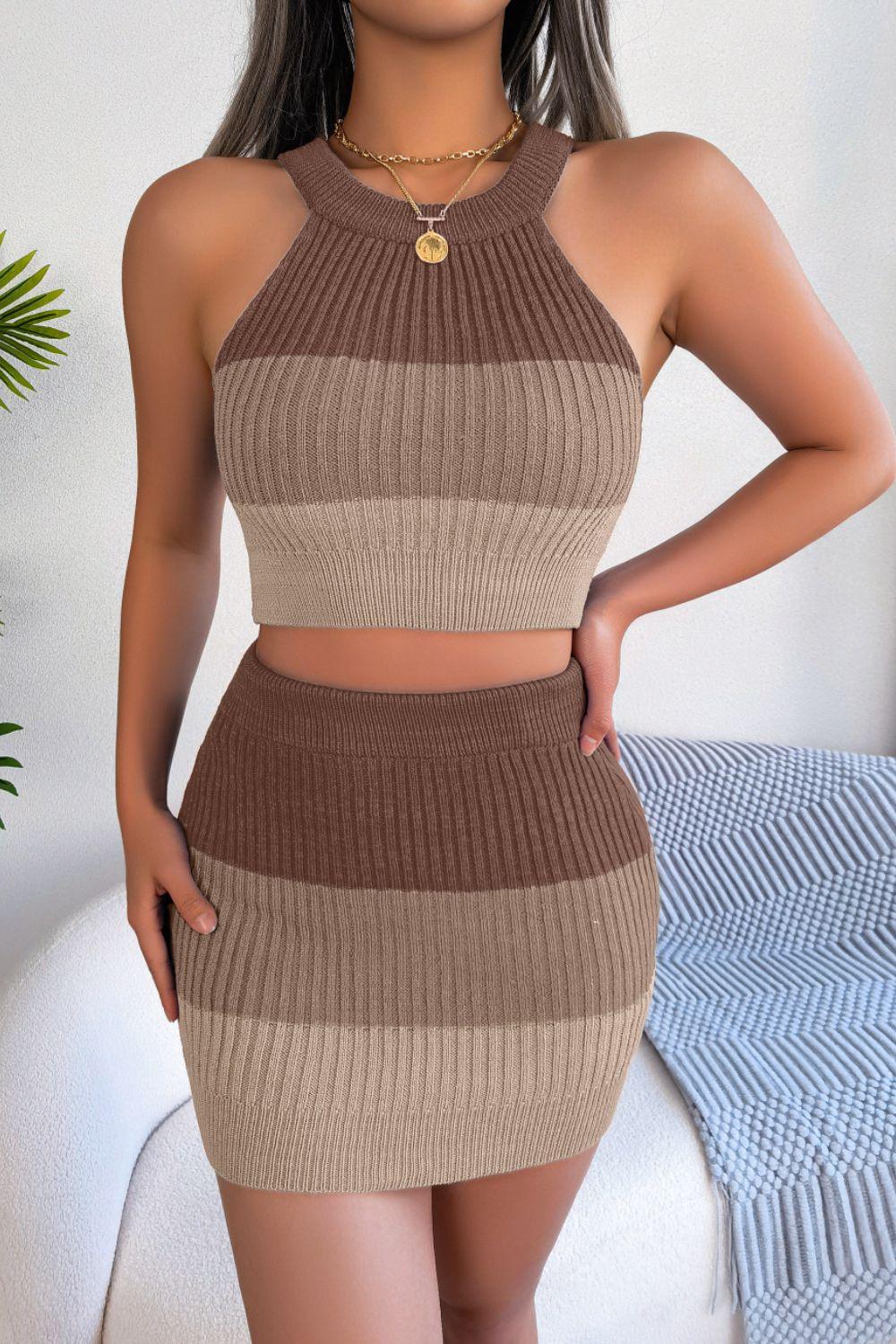 Color Block Sleeveless Crop Knit Top and Skirt Set Camel