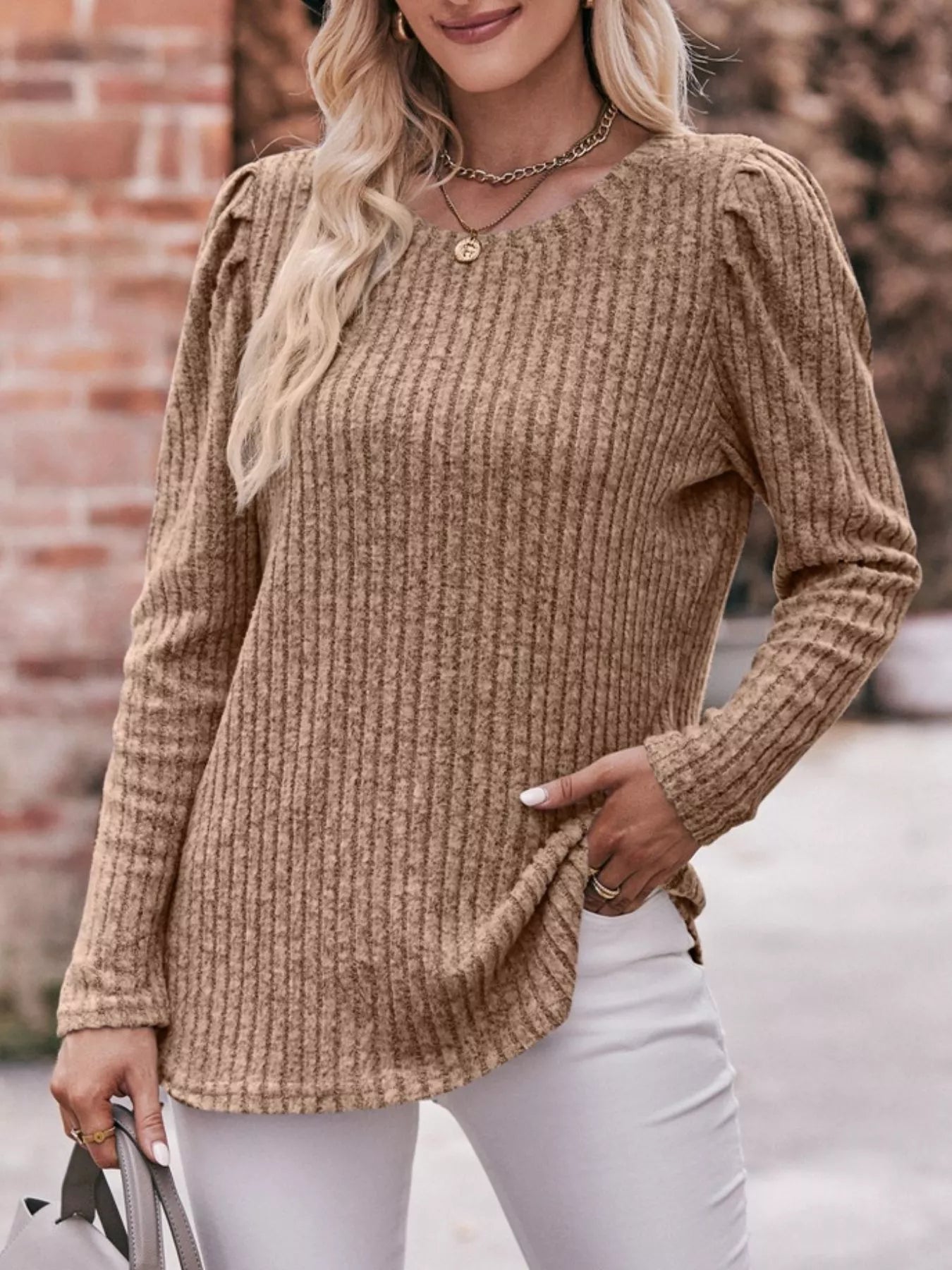 Ribbed Knit Puff Sleeve T-Shirt