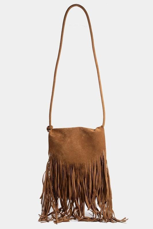 Fame Faux Suede Fringe Rectangle Crossbody Bag Caramel One Size