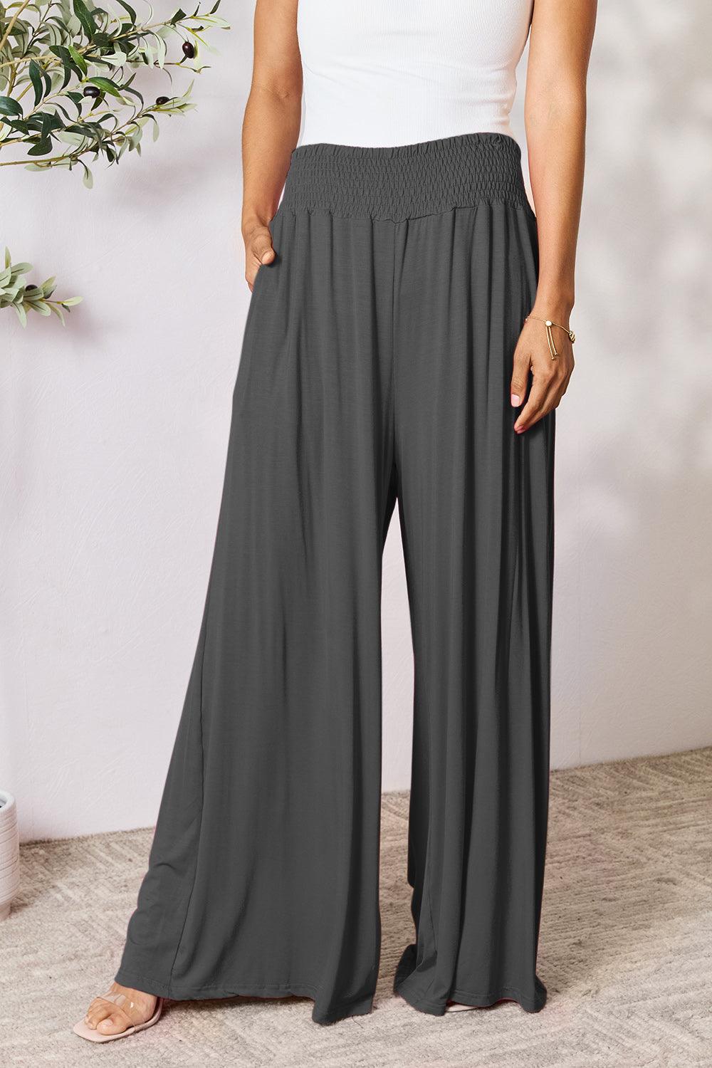 Double Take Full Size Smocked Wide Waistband Wide Leg Pants Dark Gray