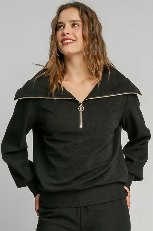 Umgee Full Size Ribbed Knit Half Zipper Sweatshirt Plus Size Black