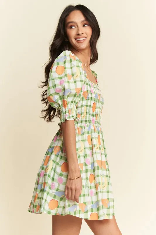 Davi & Dani Fruits Printed Smocking Mini Dress