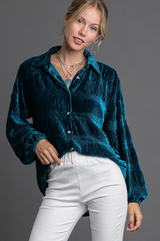 Umgee Ruched Tiered Button Up Shirt Teal