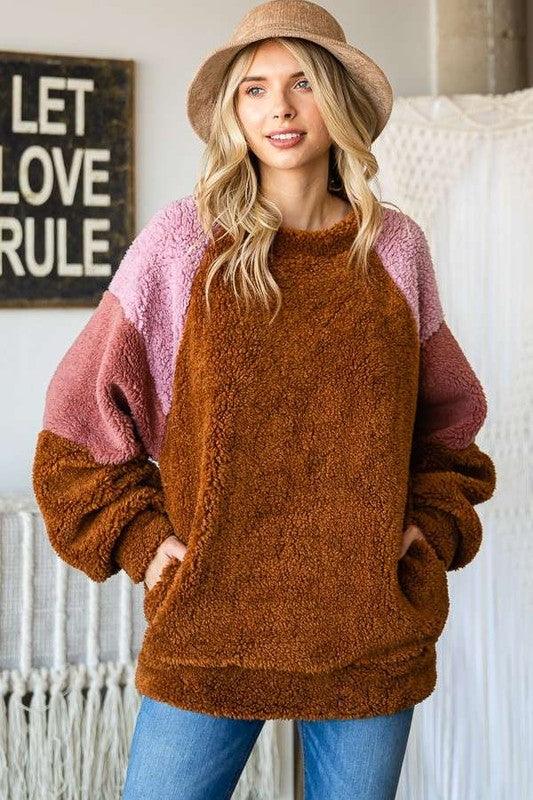 Culture Code Color Block Faux Fur Raglan Sleeve Sweatshirt Brown