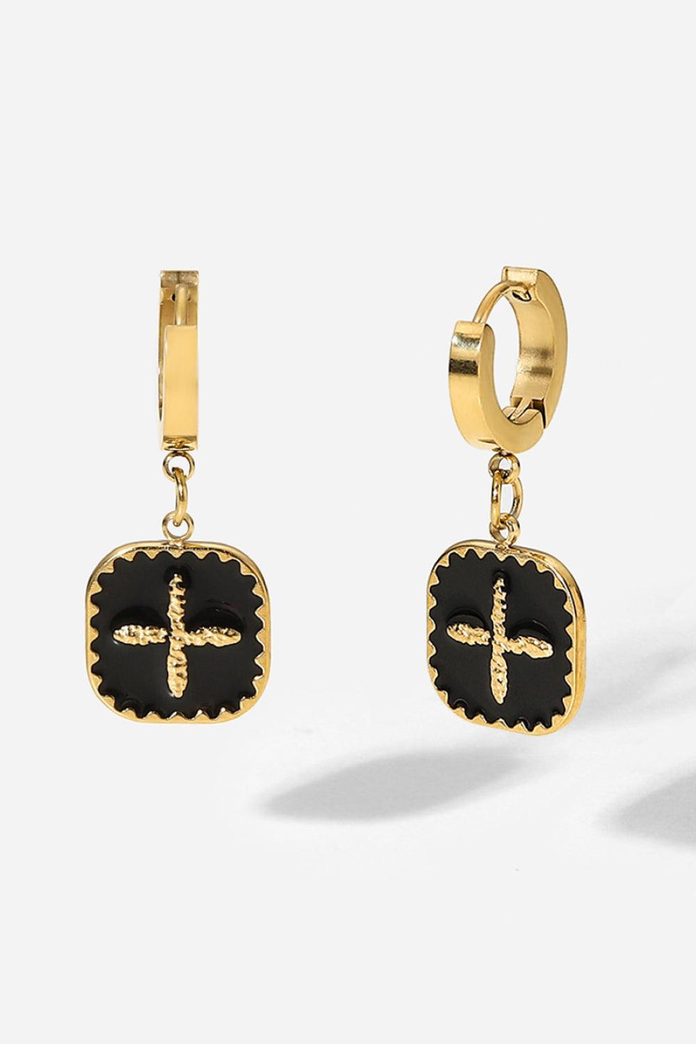 Plus Sign Square Shape Drop Earrings Black Gold One Size
