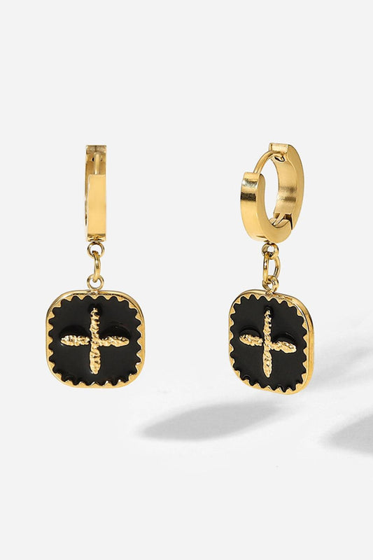 Plus Sign Square Shape Drop Earrings Black Gold One Size