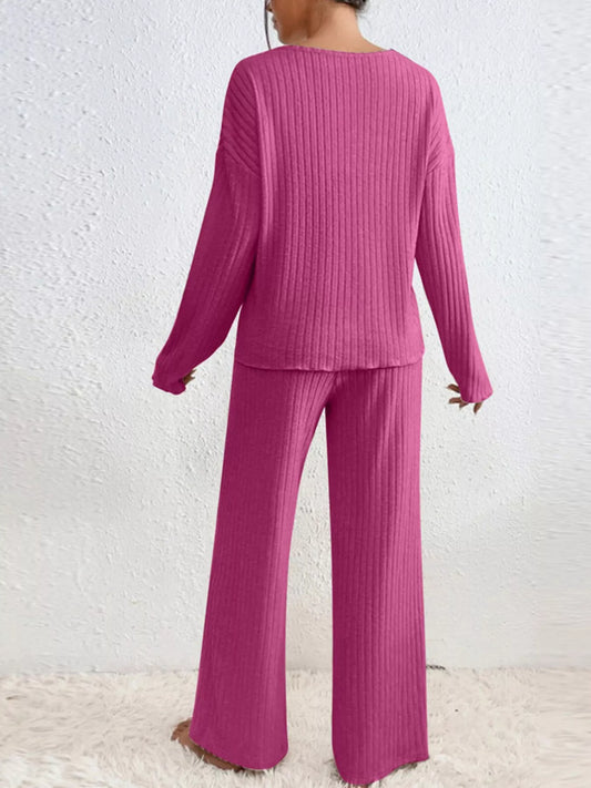 Ribbed Knit V-Neck Top and Pants Set