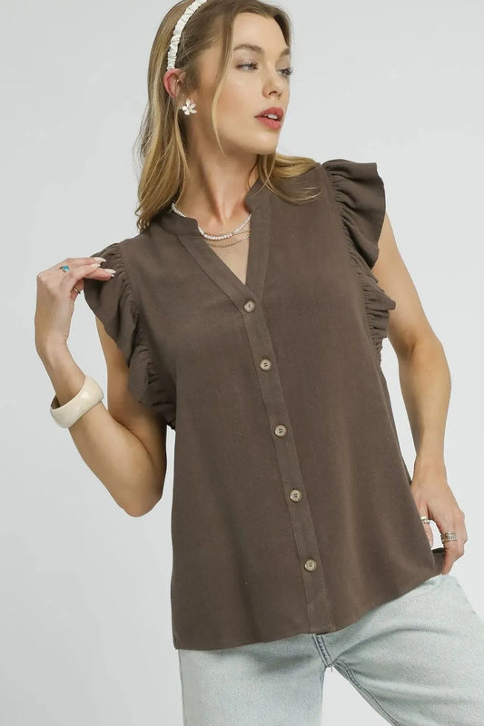 Umgee Linen Ruffle Sleeve Button-Down Shirt Coffee Brown