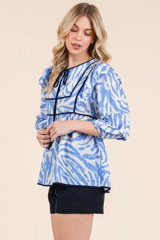 Lime 'N' Chili Graphic Print Solid Trim Quarter Sleeve Blouse