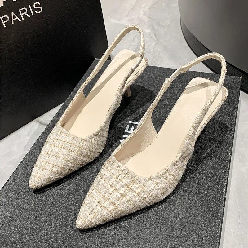 Point Toe Kitten Heel Slingback Pumps Beige
