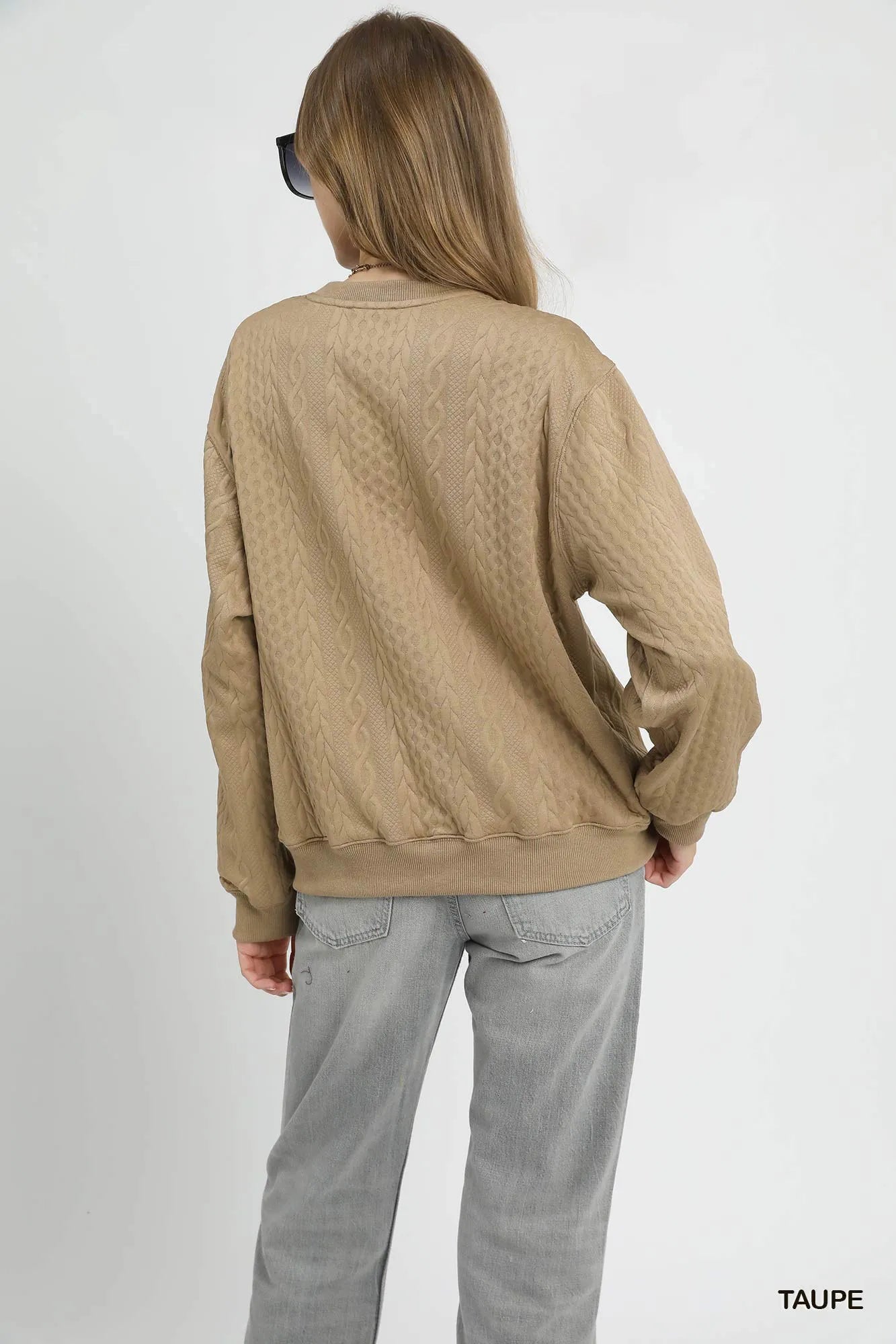 Umgee Cable Texture Pattern Sweatshirt with Ribbed Hem