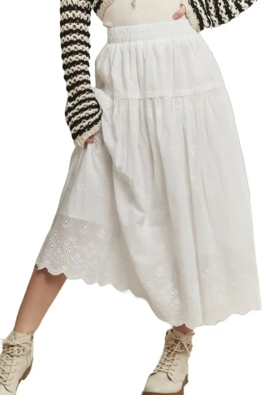 ADORA Elastic Waistband Midi Tiered Midi Skirt OFF WHITE