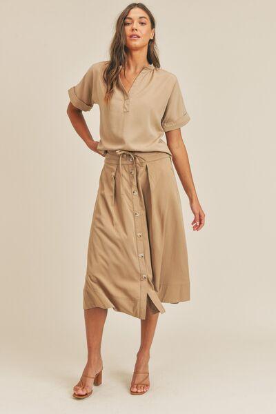 MABLE Short Sleeve Top and Button Down Midi Skirt Set Taupe