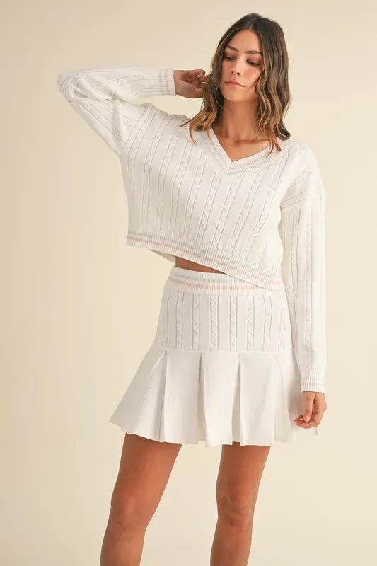 MABLE V-Neck Varsity Crop Knit Sweater and Skirt Set White