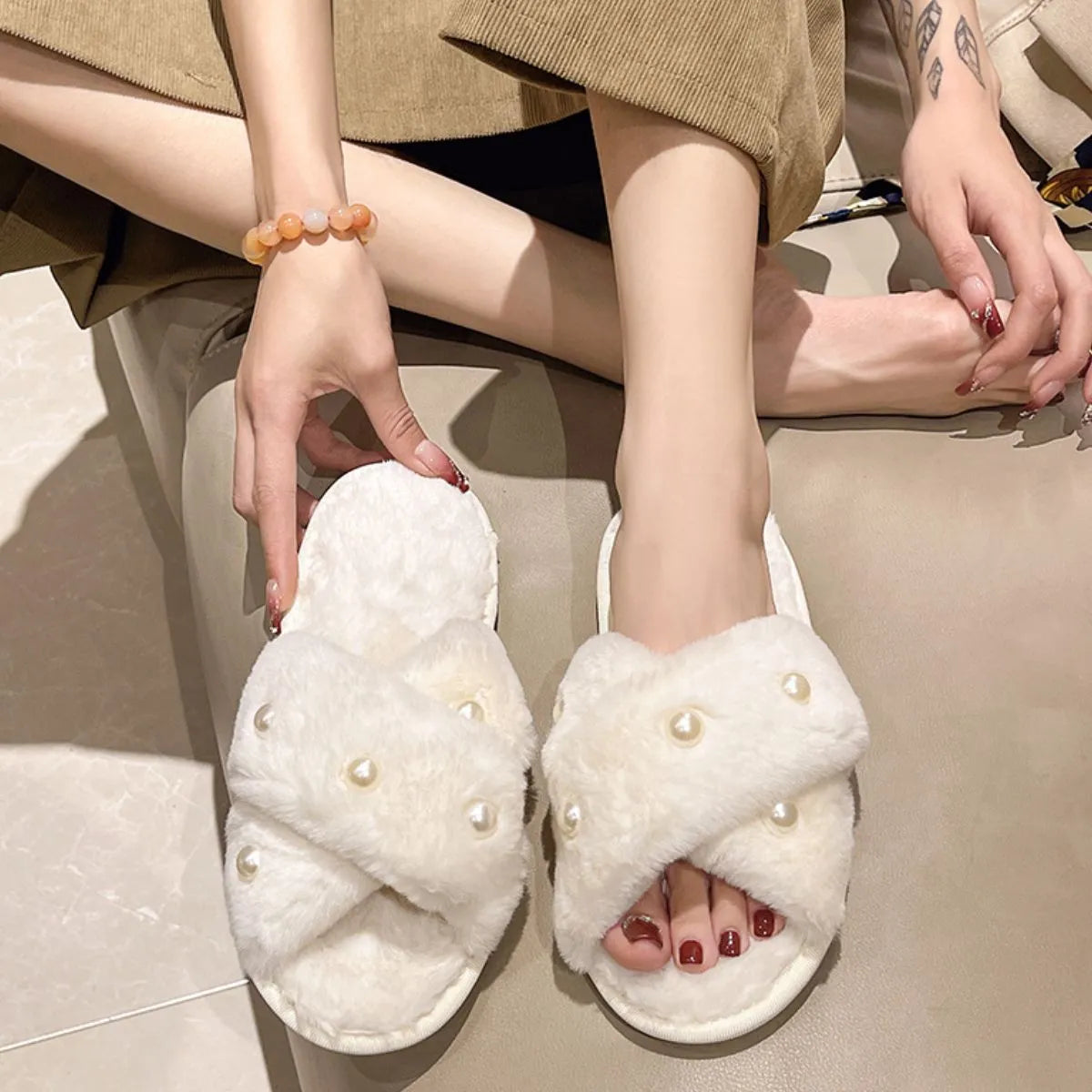 Open Toe Flats Slippers White