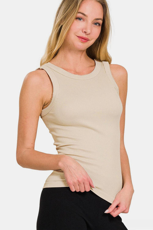 Zenana 2 Way Neckline Washed Ribbed Tank Sand Beige