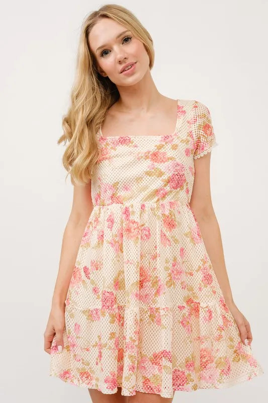 And The Why Square Neck Tiered Floral Fishnet Dress Multi