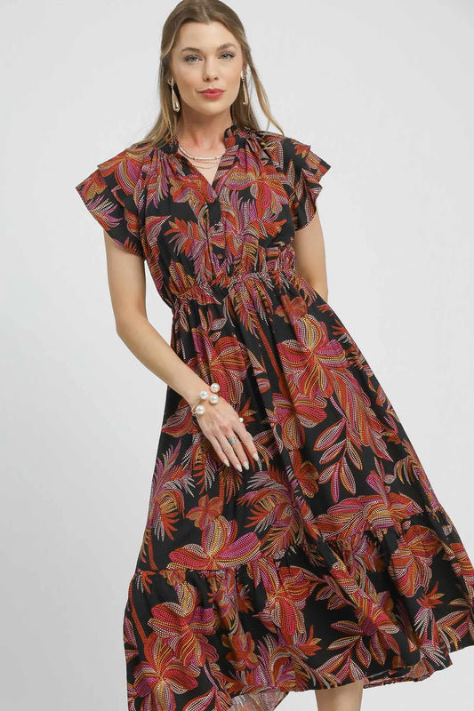 Umgee Mix Ruffle Sleeve Tropical Midi Dress BLACK MIX